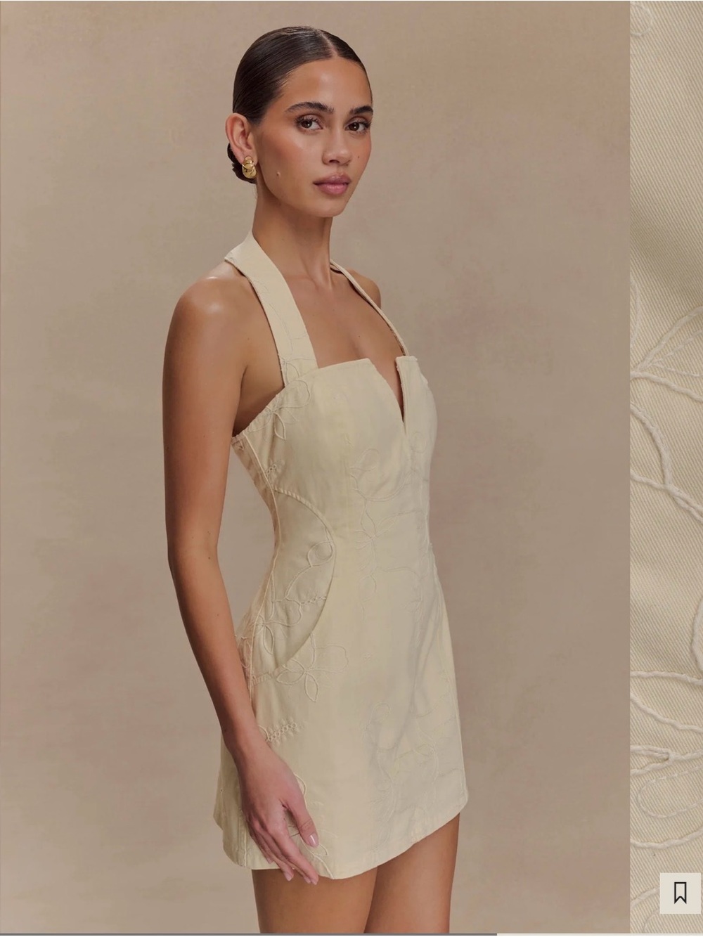 Meshki Cream Halter Mini Dress with Embroidered Detail